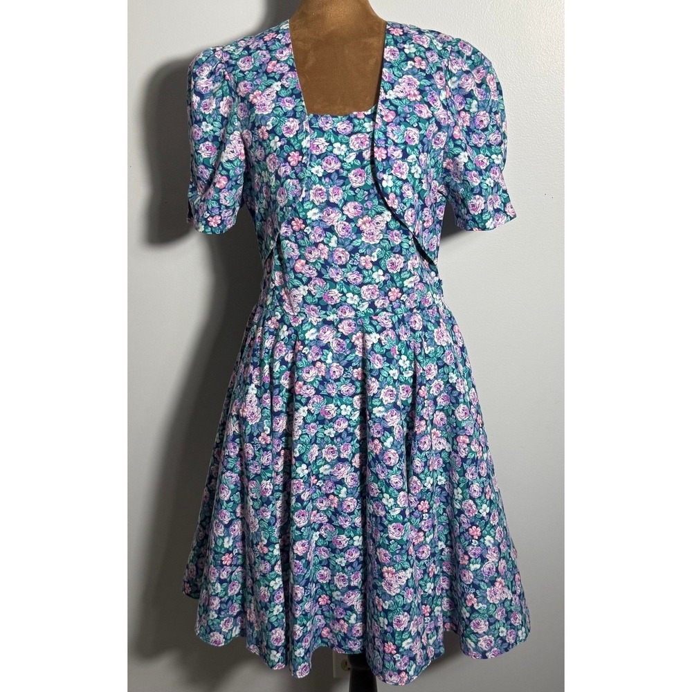 Glenfrey 90s Blue Floral Prairie Vintage Midi Cottagecore Puff Sleeve Dress 13 - Picture 3 of 14